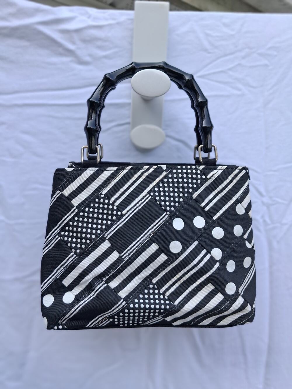 Black & White patchwork Top Handle Bag Bamboo handles Snap Closure Lined Pockets